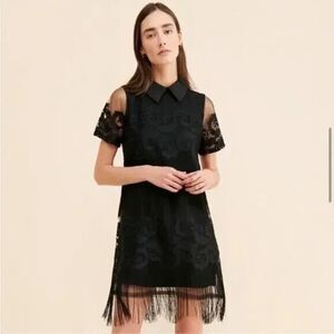 Anthropologie MAEVE Black Lace Fringe Collared Preppy Twee Dress SIZE SMALL